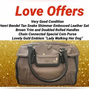 Henri Bendel 2-fer Emboss Leather Satchel Coin Purse W Emblem "Lady Walking Dog"